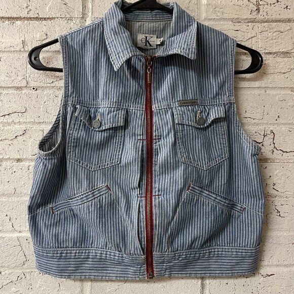Vintage 90s Calvin Klein Striped Denim Vest Small - Picture 1 of 8